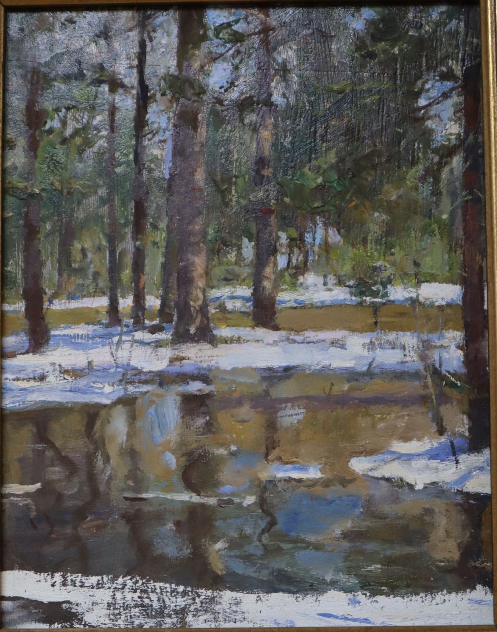 Russian School, oil on wooden panel, Woodland in winter, inscribed verso, 24 x 19cm